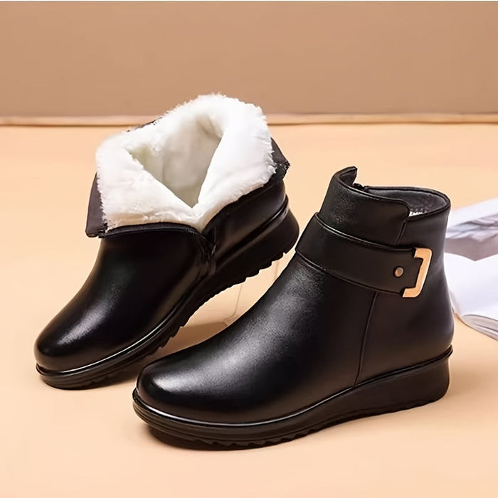 Women's Lined Ankle Boots with Buckle Detail Flat Sole