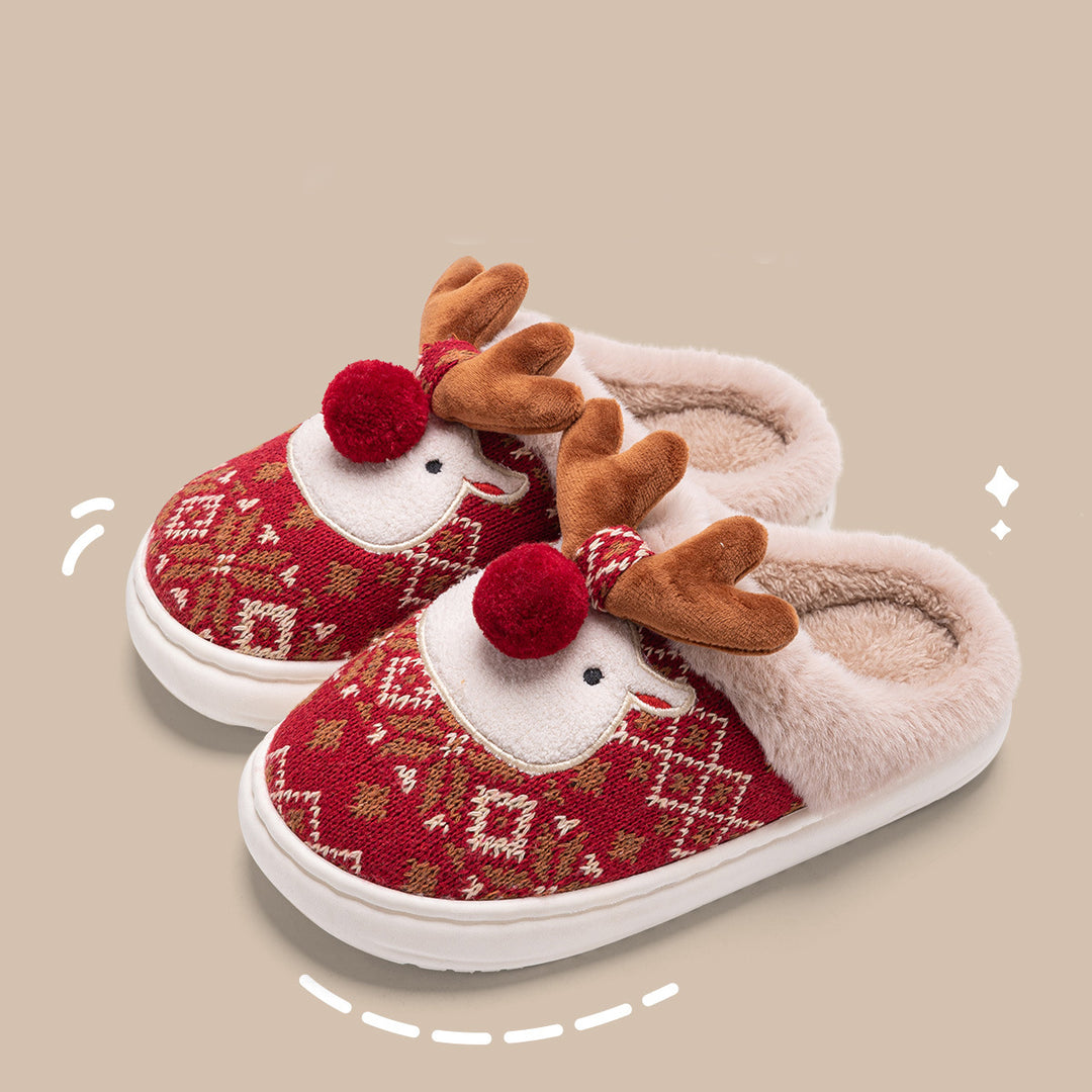 Cute Christmas Reindeer Plush Slippers, Non-Slip and Thick