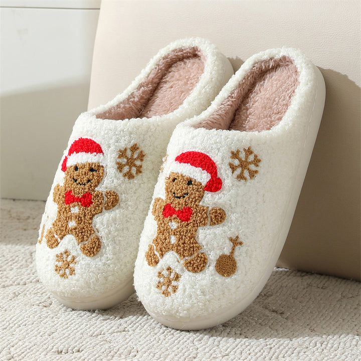 Gingerbread Man Christmas Slippers – Fuzzy, Non-Slip, Snowflakes