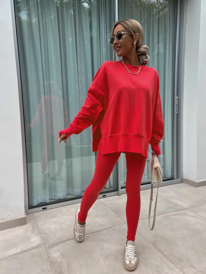 Casual Sweater Suit, Loose Crew Neck Split Top and Tight Pants