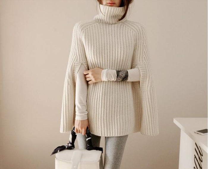 Women's Cape Sweater with Turtleneck and Ribbed Knit