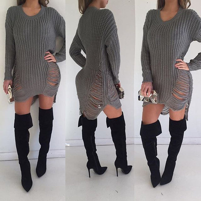 Women's Distressed Knit Sweater Dress with Side Cutouts