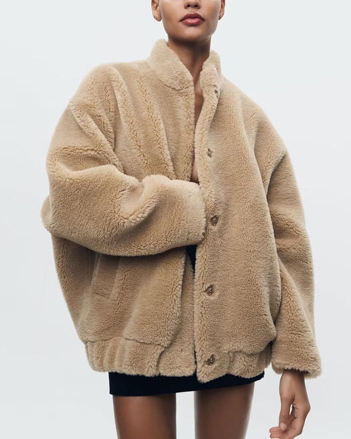 Women's Oversized Teddy Jacket with Button Front