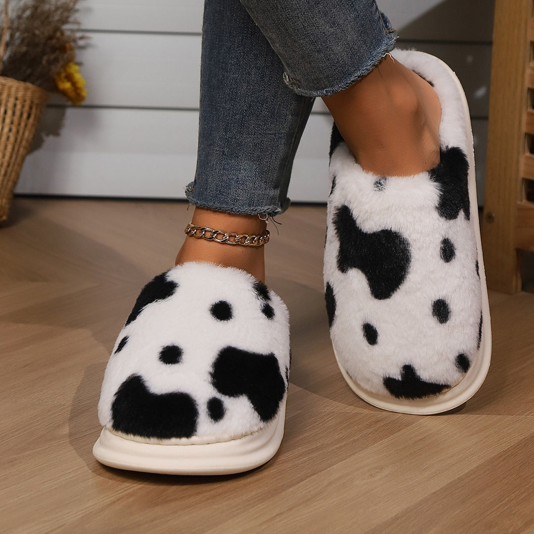 Cow Spotted Plush Slippers, Non-Slip Winter Warm