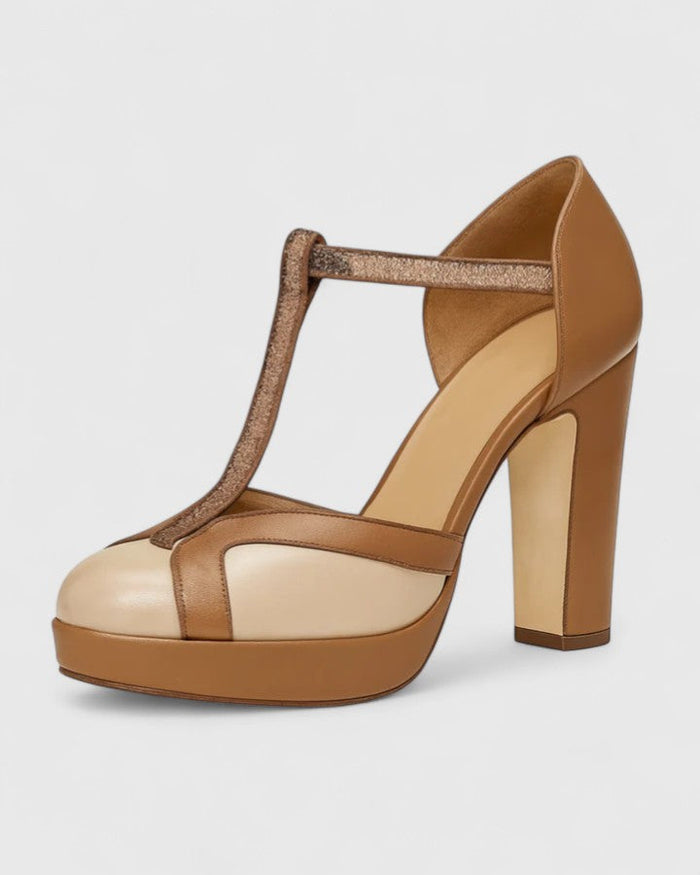 Women's T-Strap Platform Heels with Closed Round Toe