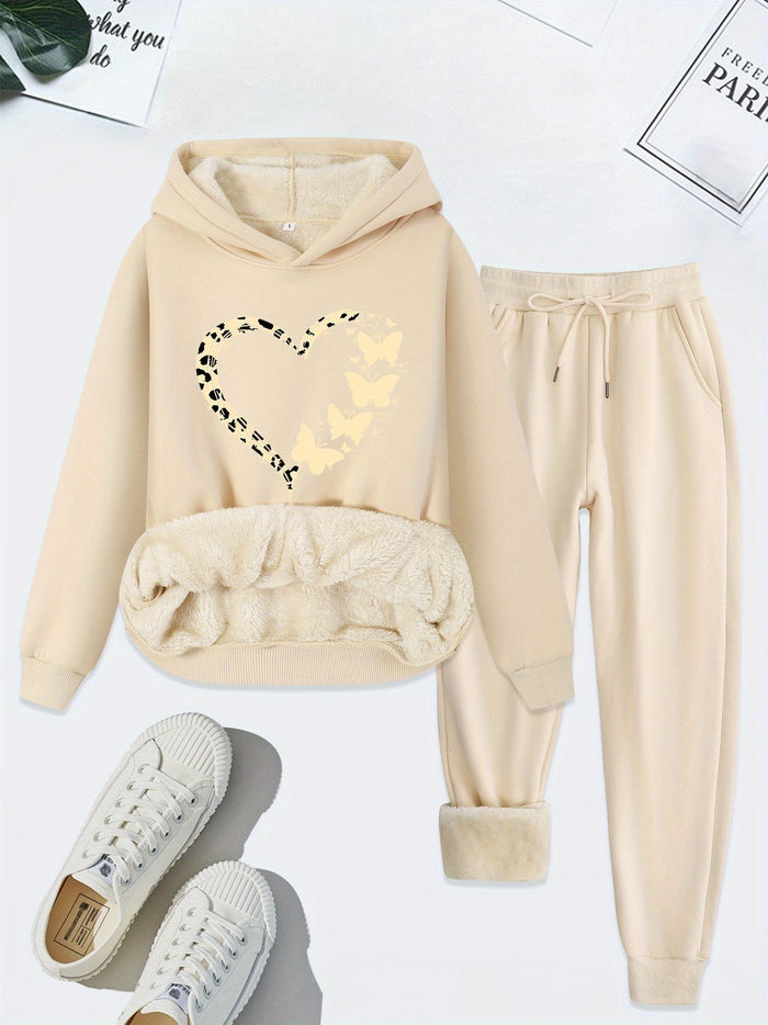 Women's Hooded Sweatshirt and Joggers Set with Heart Print