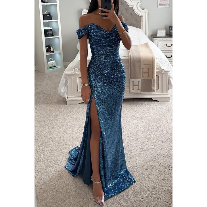 Woman in long off-shoulder sequin evening dress
