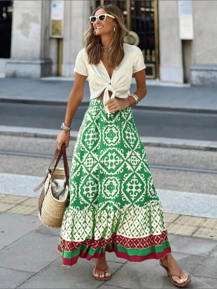 Women's Floral Tiered Midi Skirt with Elastic Waist
