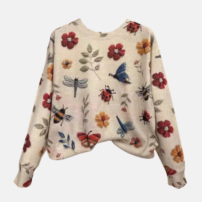 Women's Embroidered Floral Crew Neck Sweater Long Sleeve