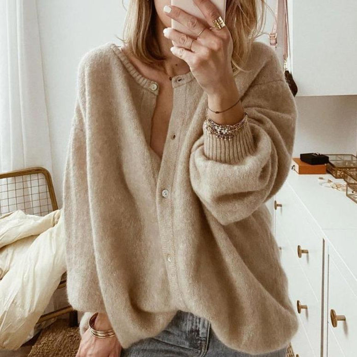 Women's Beige Button-Front Cardigan with Ribbed Trim