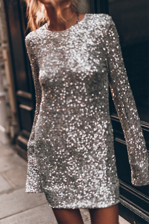 Women's Long Sleeve Sequin Mini Dress with Open Back
