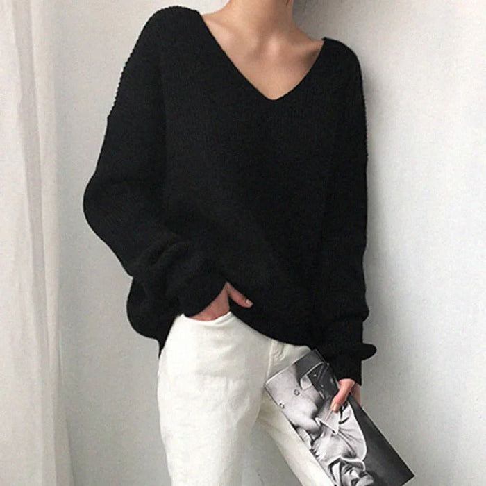 Women's Oversized V-Neck Ribbed Sweater Long Sleeve