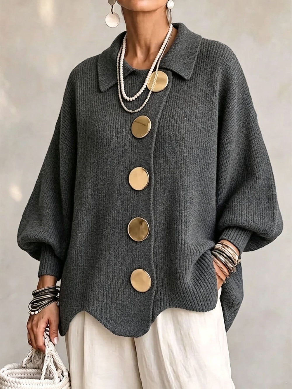 Button-Up Knit Cardigan with Lapel, Loose Fit Long Sleeve