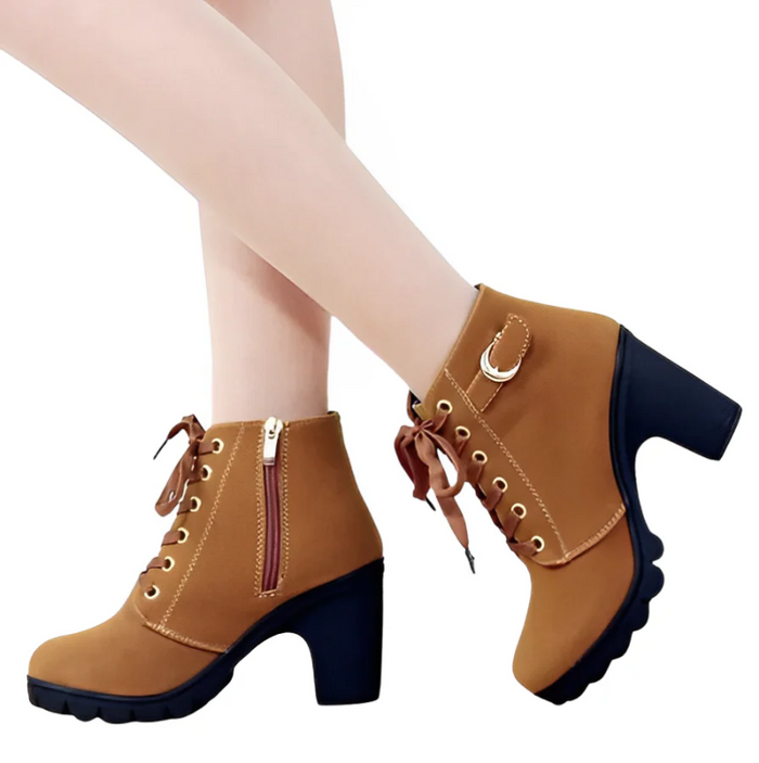Women's Lace-Up Ankle Boots with Block Heel and Lug Sole