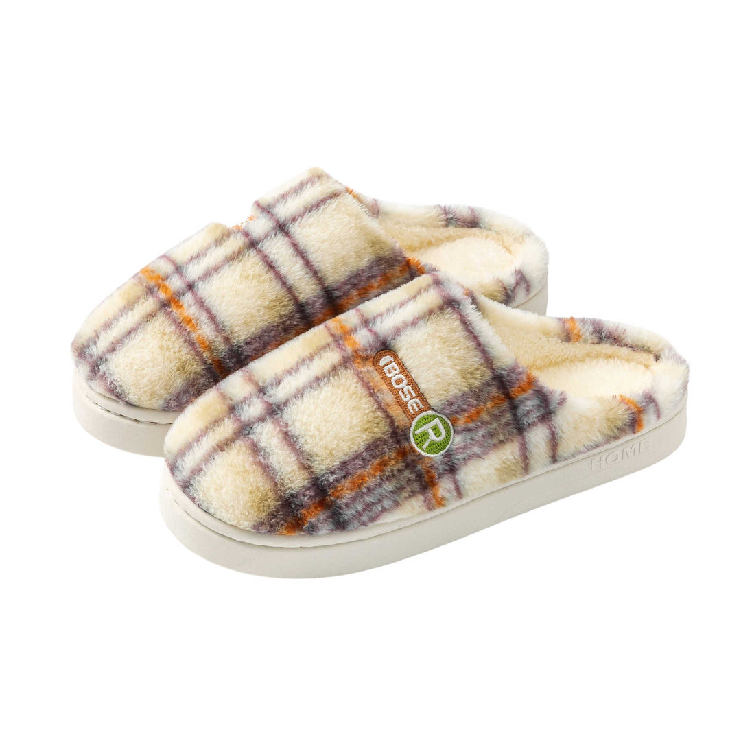 Plush Plaid Cotton House Slippers, Warm and Non-Slip