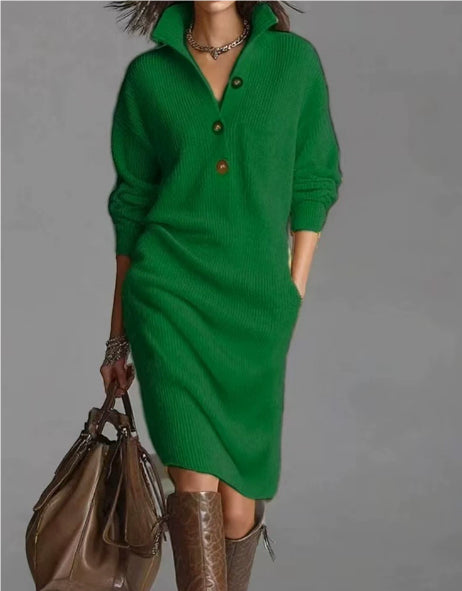 Stand Collar Sweater Dress for Women, V-Neck Button Pullover