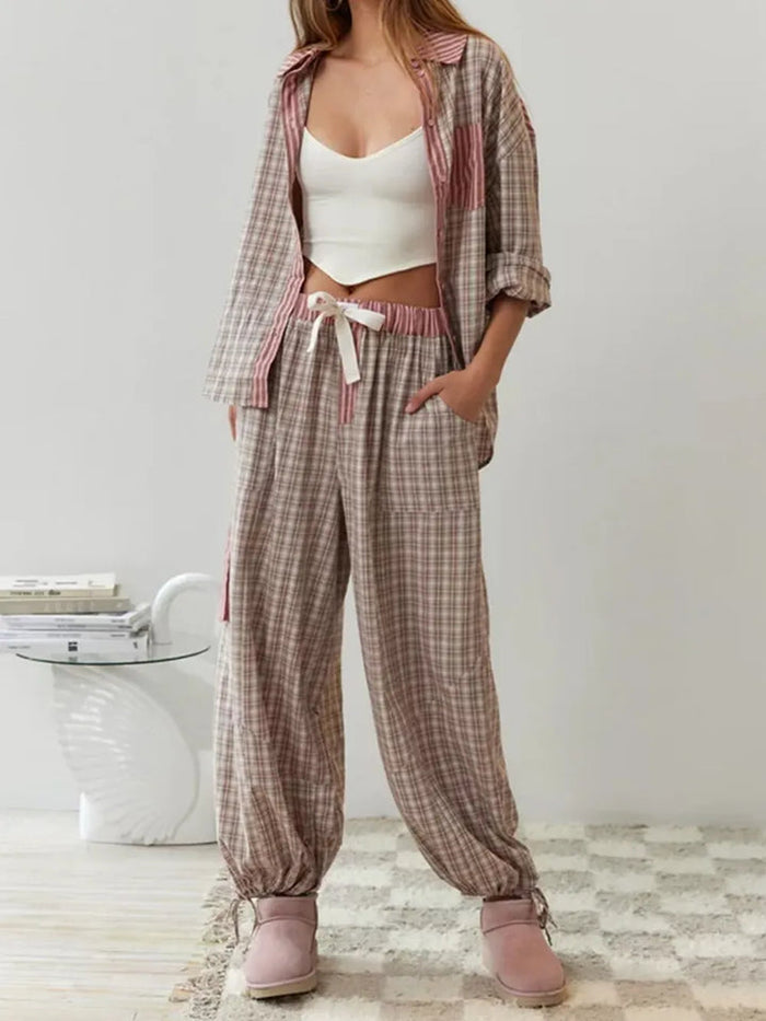 Women's Plaid Lounge Set Short Sleeve Top with Joggers