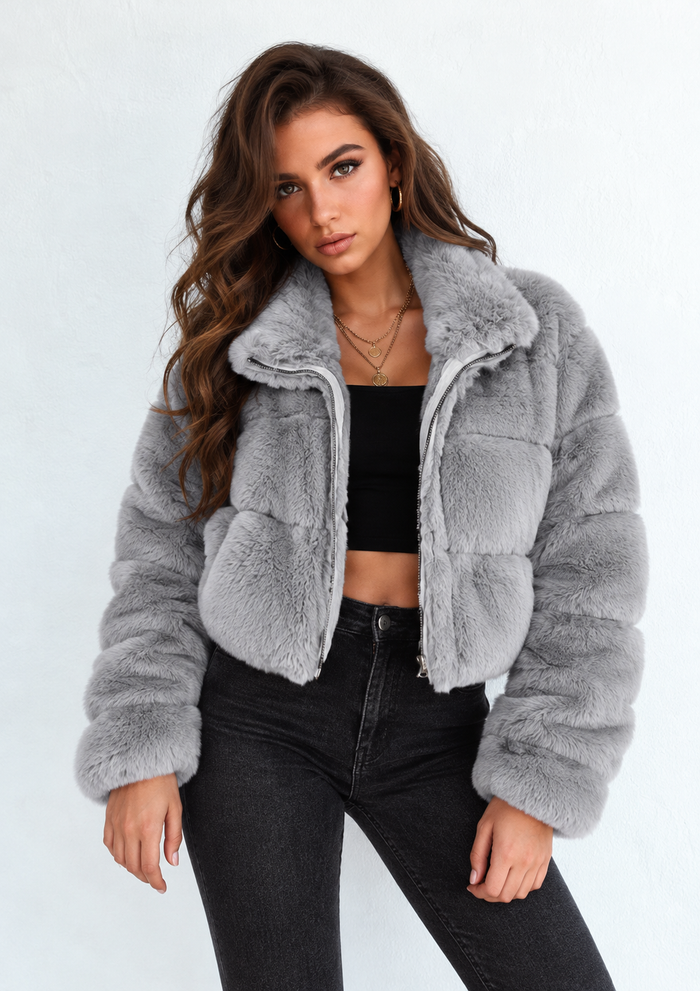 Women’s Cropped Faux Fur Jacket with Wide Collar
