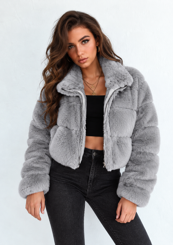 Women’s Cropped Faux Fur Jacket with Wide Collar