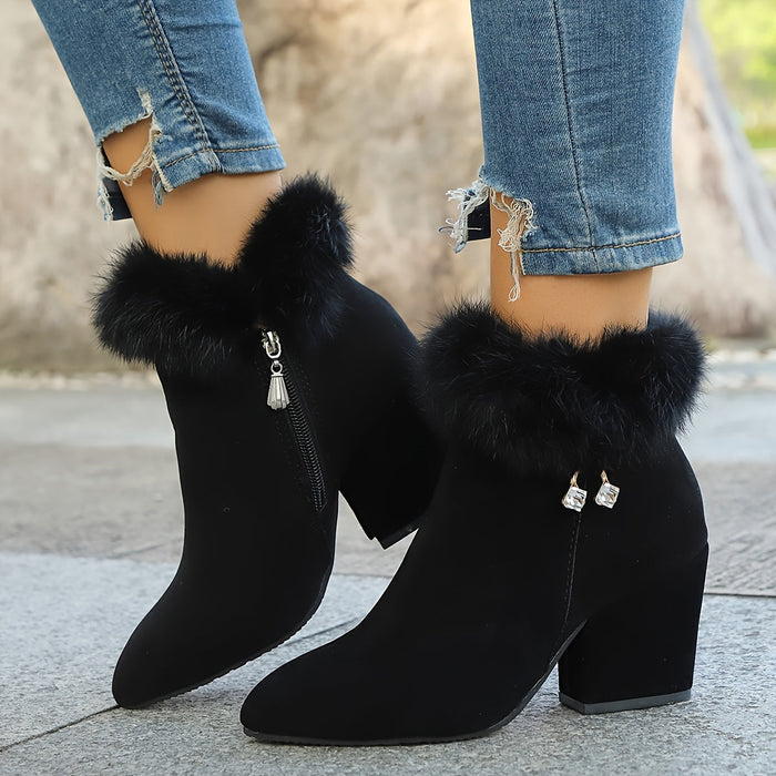 Women's Faux Fur Trim Block Heel Ankle Boots with Side Zip