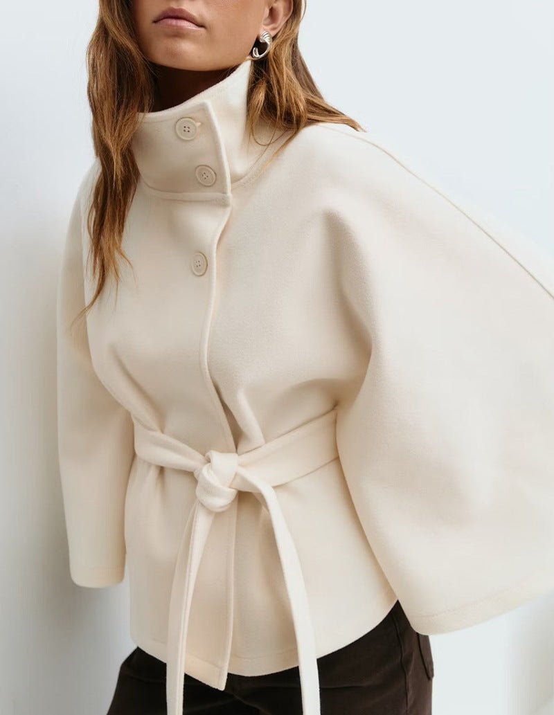 Batwing Sleeve High Neck Coat with Belt, Loose Winter Trench