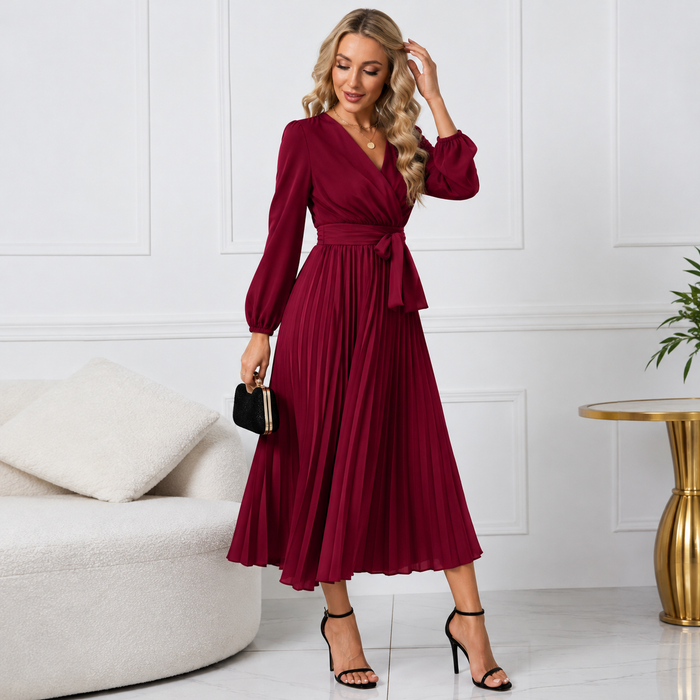 Women's Pleated Midi Dress with Long Sleeves and Wrap Waist