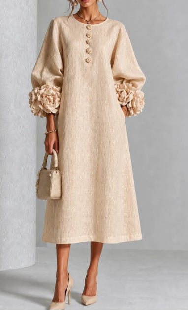 Floral Puff Sleeve A-Line Dress, French Style Party Dress