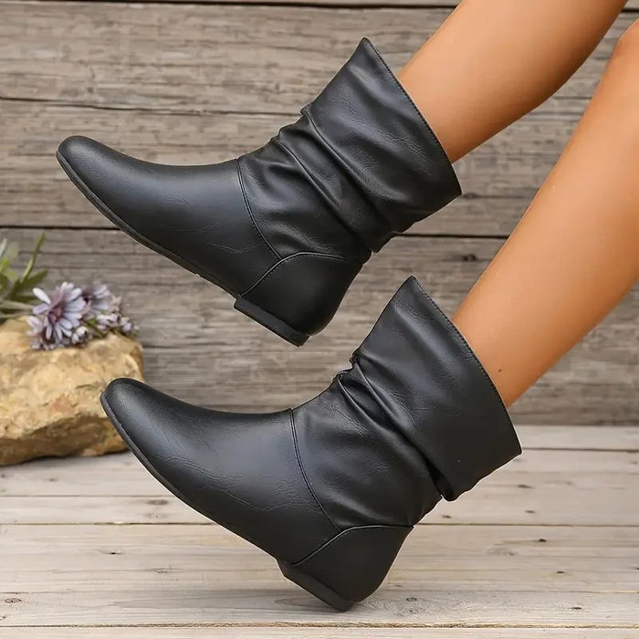 Women's Slouchy Ankle Boots with Flat Sole and Pull-On