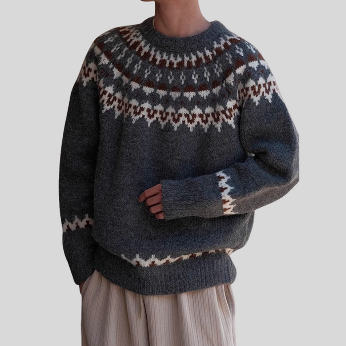 Men's Fair Isle Crew Neck Sweater Ribbed Cuffs Hem