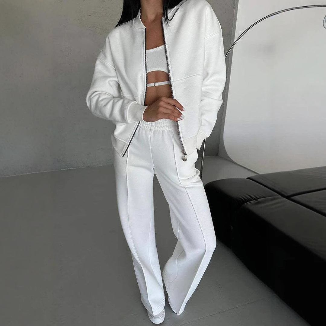 Woman in a zip jacket and wide-leg pants set