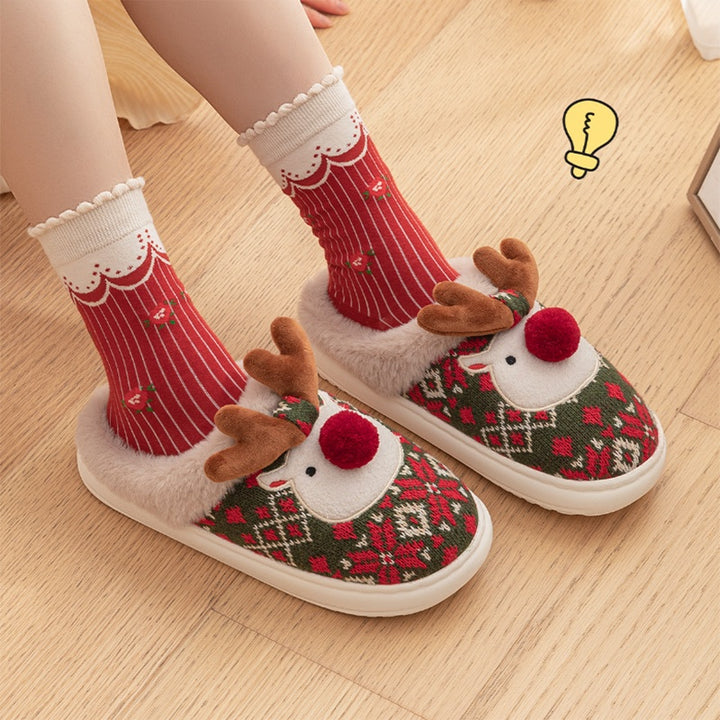 Cute Christmas Reindeer Plush Slippers, Non-Slip and Thick