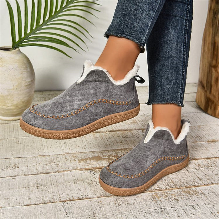 Hannah | Women's V-Cut Plush Ankle Boots, Flat Suede-Look Snow Boots