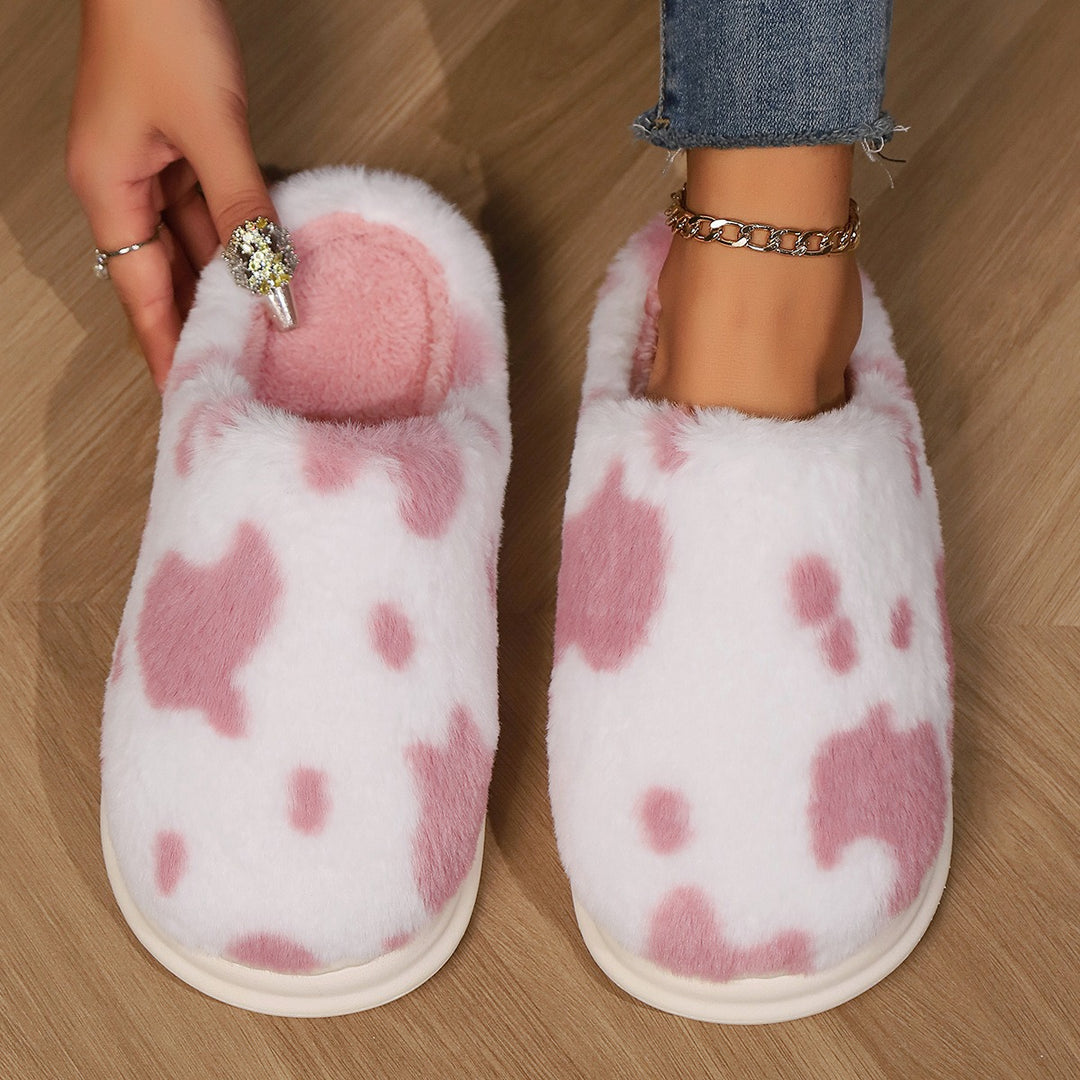 Cow Spotted Plush Slippers, Non-Slip Winter Warm