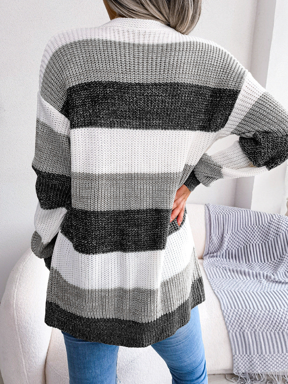 Women's Plaid Cardigan with Lantern Sleeves, Knit Jacket