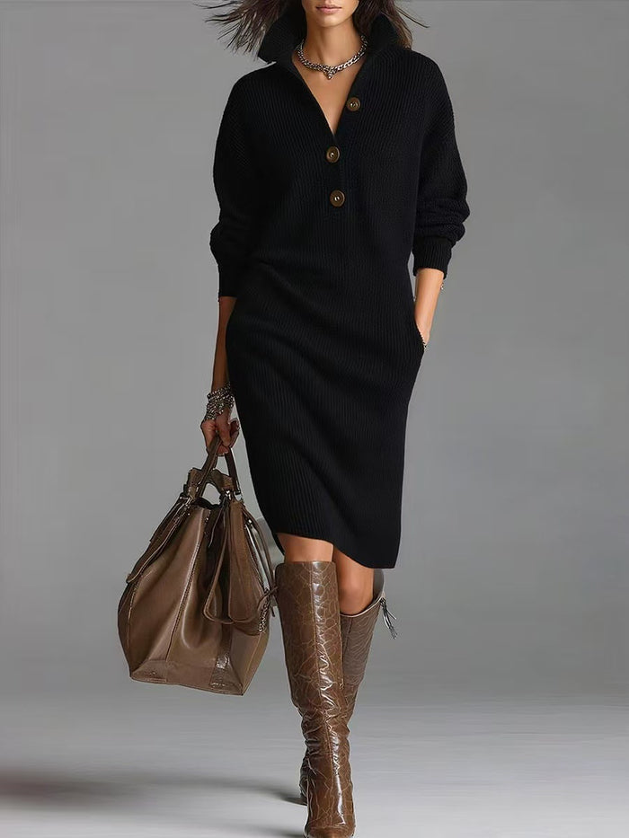 Zoey | Women's Long Sleeve Sweater Dress with V-Neck and Buttons