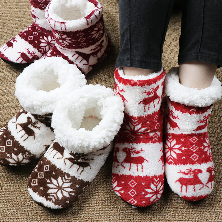 Christmas Elk Floor Sock Slippers in Coral Fleece