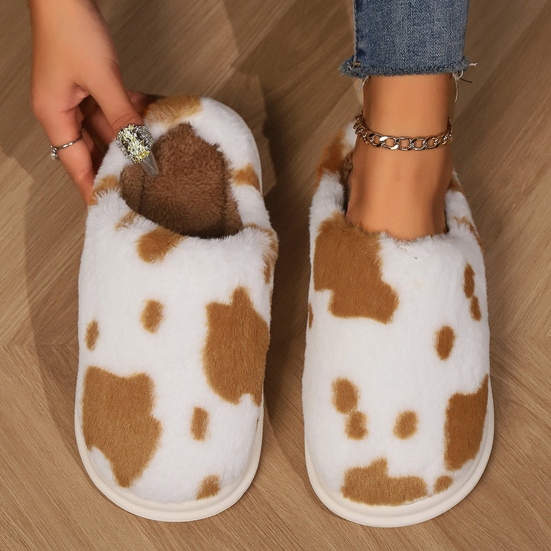 Cow Spotted Plush Slippers, Non-Slip Winter Warm