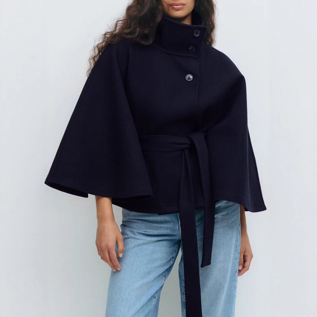 Batwing Sleeve High Neck Coat with Belt, Loose Winter Trench