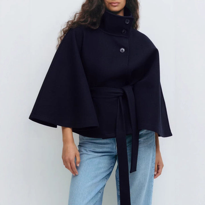 Batwing Sleeve High Neck Coat with Belt, Loose Winter Trench