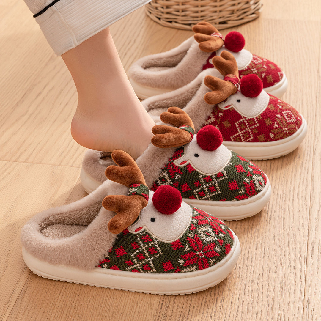 Cute Christmas Reindeer Plush Slippers, Non-Slip and Thick