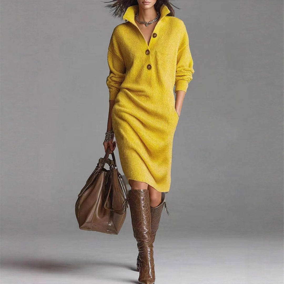 Stand Collar Sweater Dress for Women, V-Neck Button Pullover