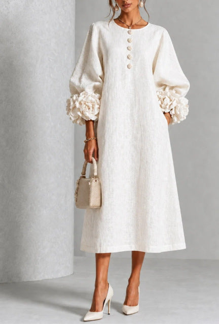 Floral Puff Sleeve A-Line Dress, French Style Party Dress