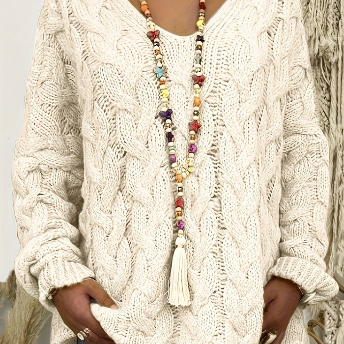 Women's Cable-Knit V-Neck Sweater Relaxed Fit