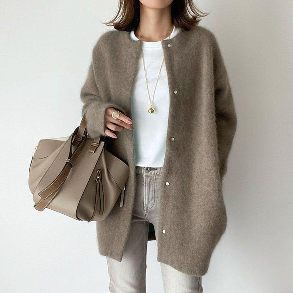 Loose Round Neck Cardigan, Single-Breasted Knit Jacket