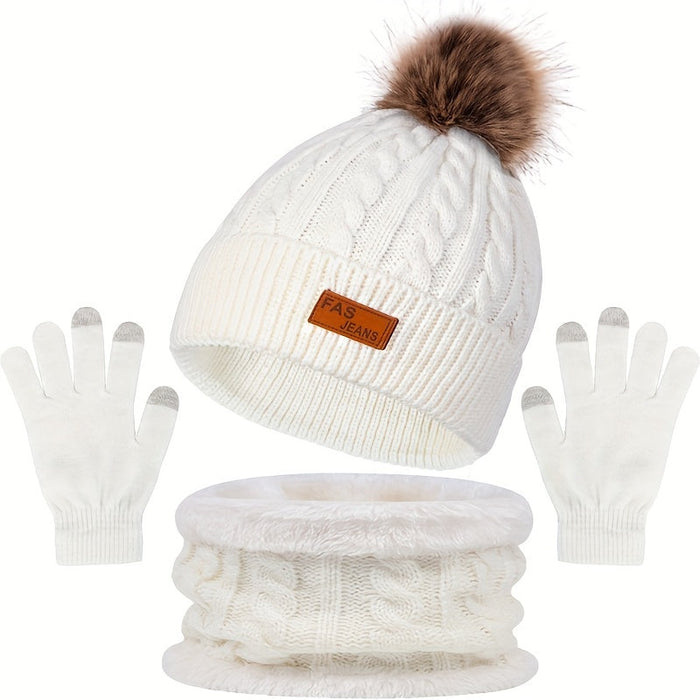 Women's Cable Knit Beanie Scarf Gloves Set with Pom Pom