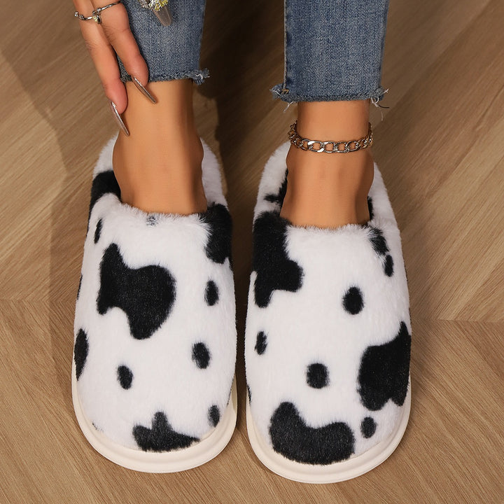 Cow Spotted Plush Slippers, Non-Slip Winter Warm