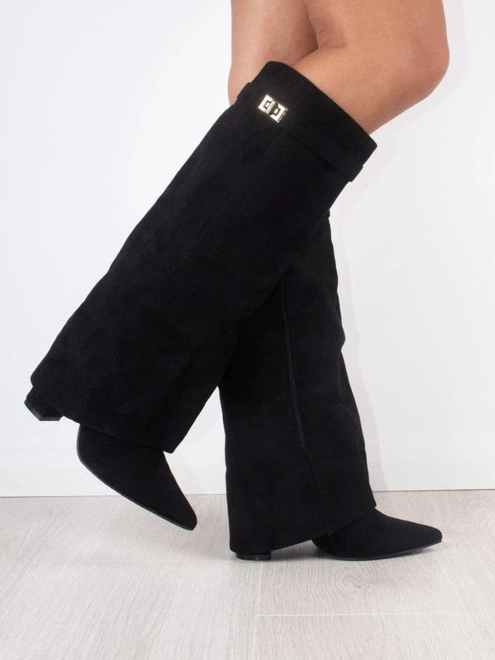 Women's Knee-High Suede Boots with Block Heel and Gold Accent