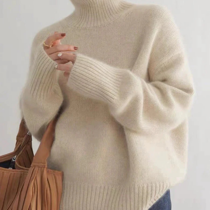 Women's Turtleneck Sweater Relaxed Fit Ribbed Trim