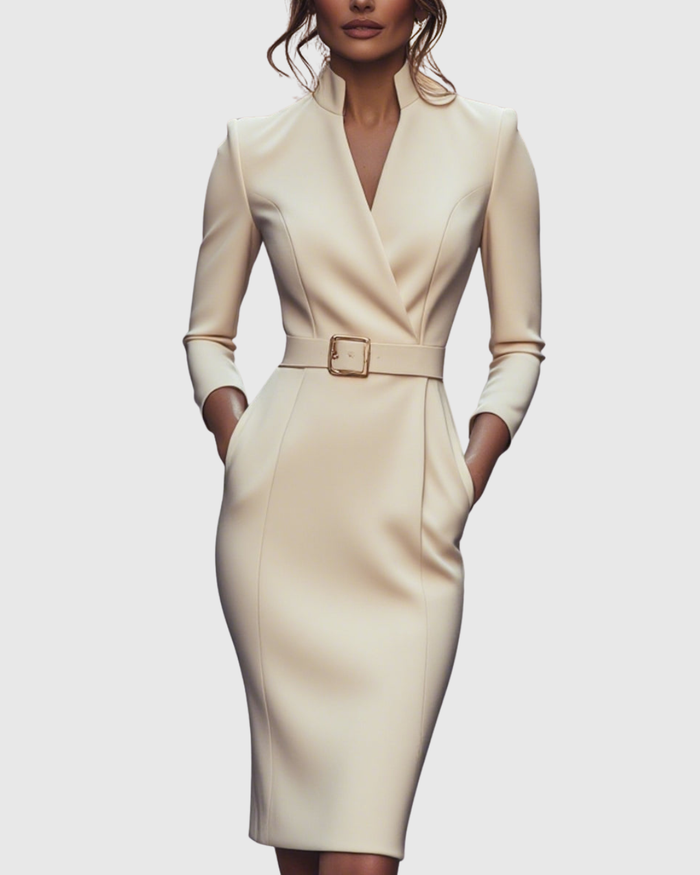 Women's Midi Dress with Belted Waist for Office Wear