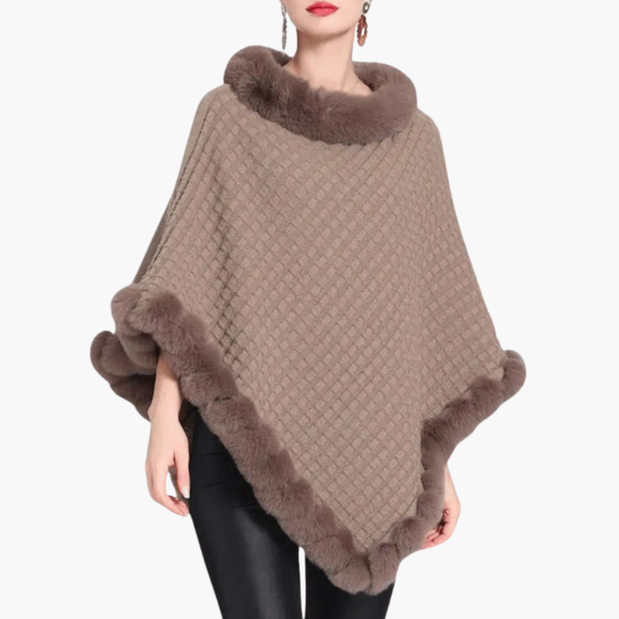 Women's Knit Poncho with Turtleneck and Trim Detail